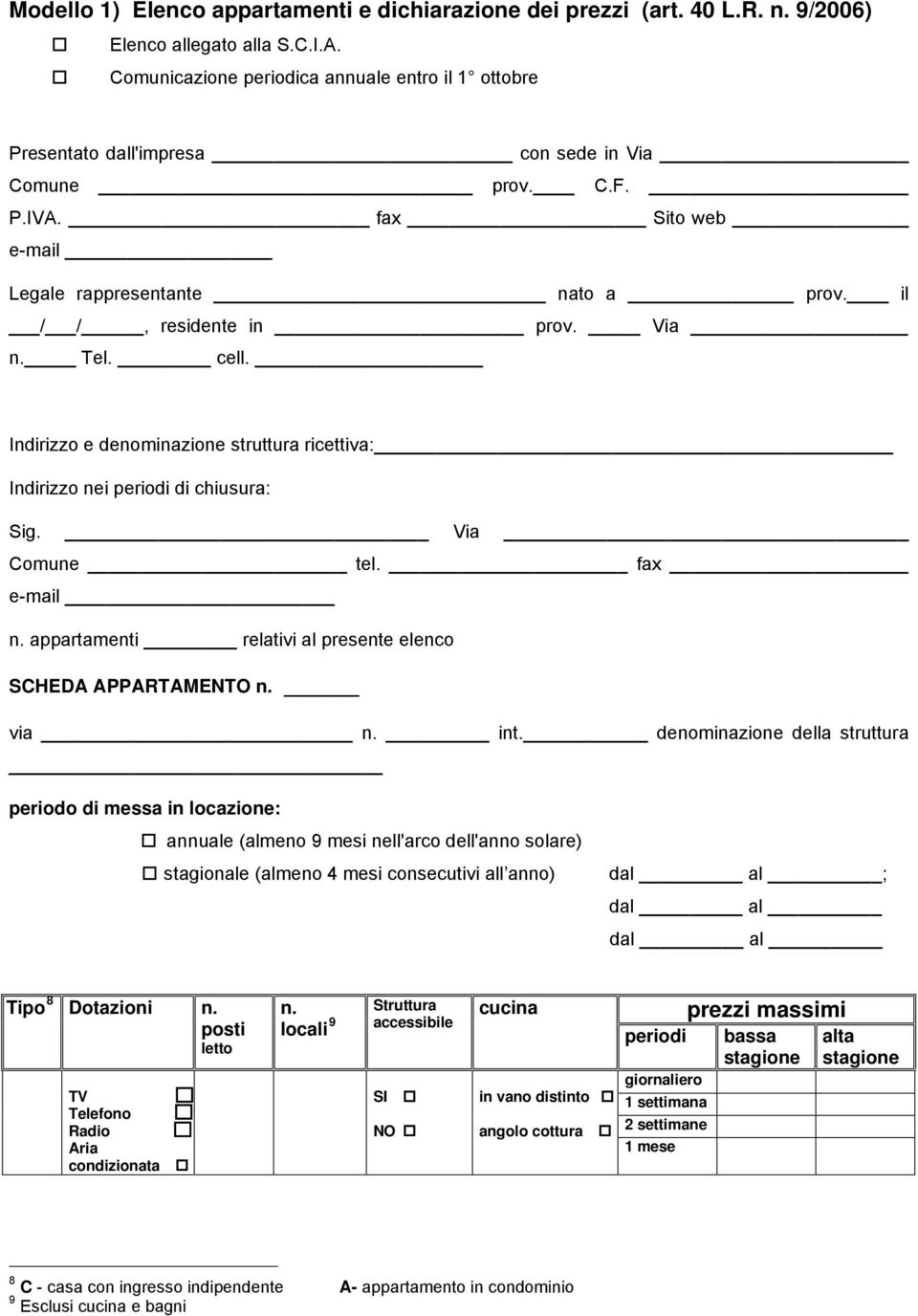 Via n. Tel. cell. Indirizzo e denominazione struttura ricettiva: Indirizzo nei periodi di chiusura: Sig. Via Comune tel. fax e-mail n. appartamenti relativi al presente elenco SCHEDA APPARTAMENTO n.