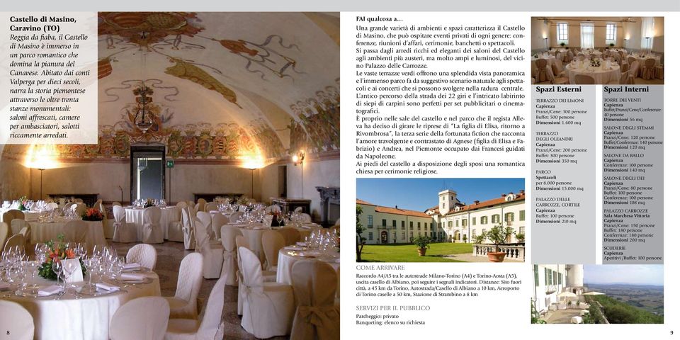 Una grande varietà di ambienti e spazi caratterizza il Castello di Masino, che può ospitare eventi privati di ogni genere: conferenze, riunioni d affari, cerimonie, banchetti o spettacoli.