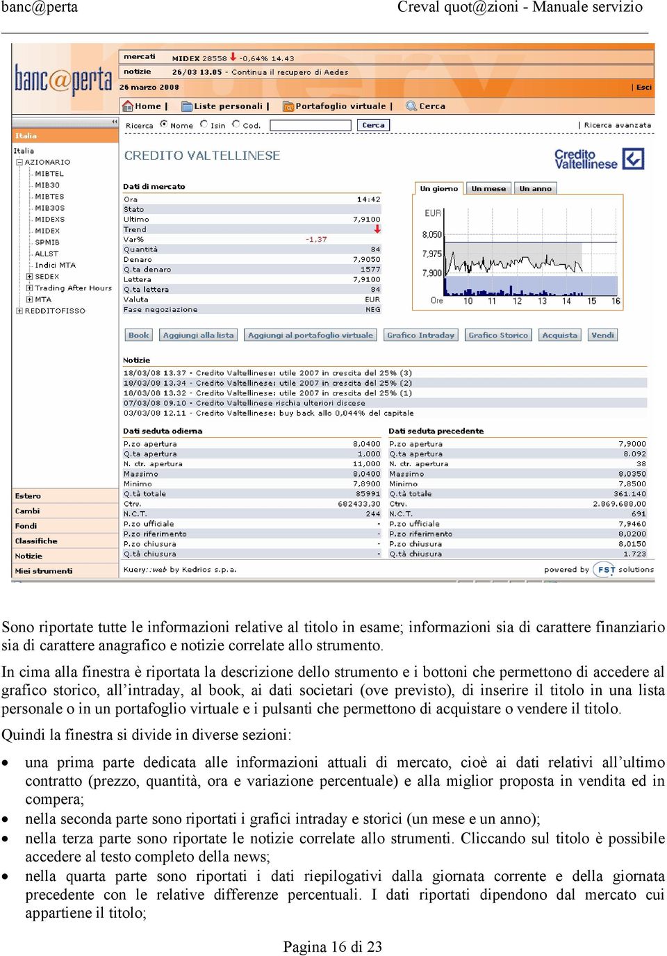 titolo in una lista personale o in un portafoglio virtuale e i pulsanti che permettono di acquistare o vendere il titolo.