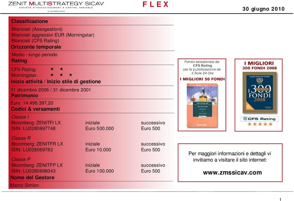 397,20 Codici & versamenti Classe I Bloomberg: ZENITFI LX iniziale successivo ISIN: LU0280697748 Euro 500.