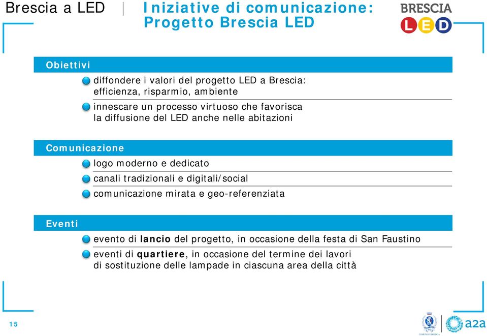 dedicato canali tradizionali e digitali/social comunicazione mirata e geo-referenziata Eventi evento di lancio del progetto, in occasione