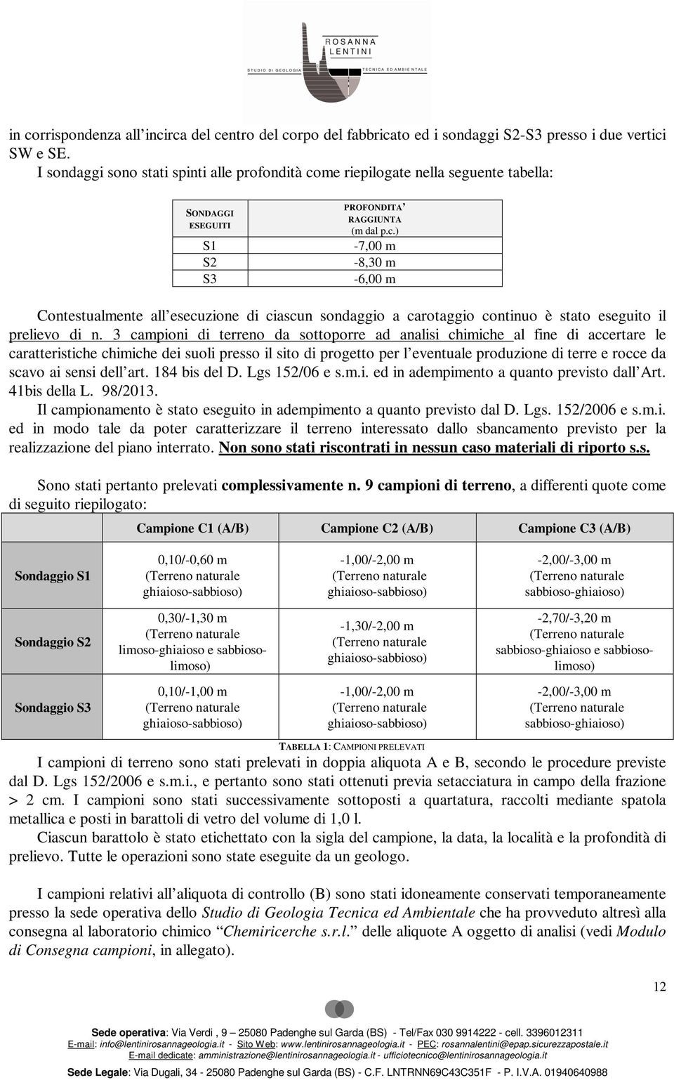 3 campioni di terreno da sottoporre ad analisi chimiche al fine di accertare le caratteristiche chimiche dei suoli presso il sito di progetto per l eventuale produzione di terre e rocce da scavo ai