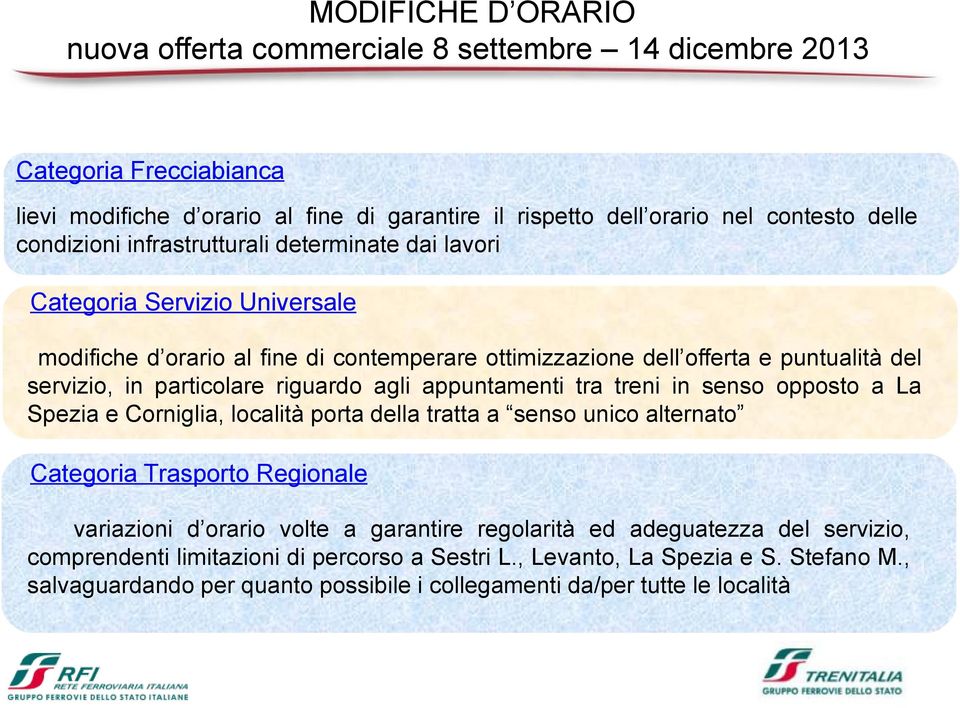 riguardo agli appuntamenti tra treni in senso opposto a La Spezia e Corniglia, località porta della tratta a senso unico alternato Categoria Trasporto Regionale variazioni d orario volte a