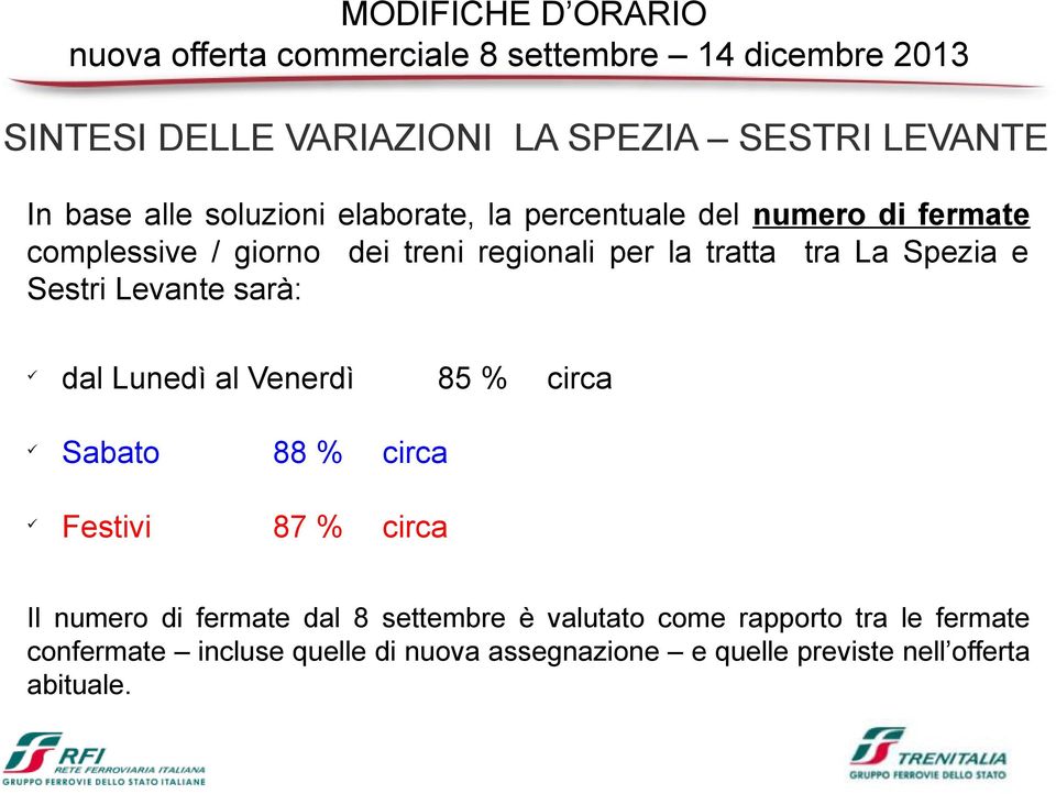 e Sestri Levante sarà: ü dal Lunedì al Venerdì 85 % circa ü Sabato 88 % circa ü Festivi 87 % circa Il numero di fermate dal 8