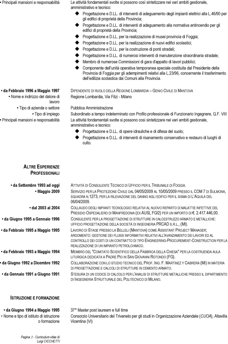 di interventi di adeguamento alla normativa antincendio per gli edifici di proprietà della Provincia; e D.LL. per la realizzazione di musei provincia di Foggia; e D.LL. per la realizzazione di nuovi edifici scolastici; e D.