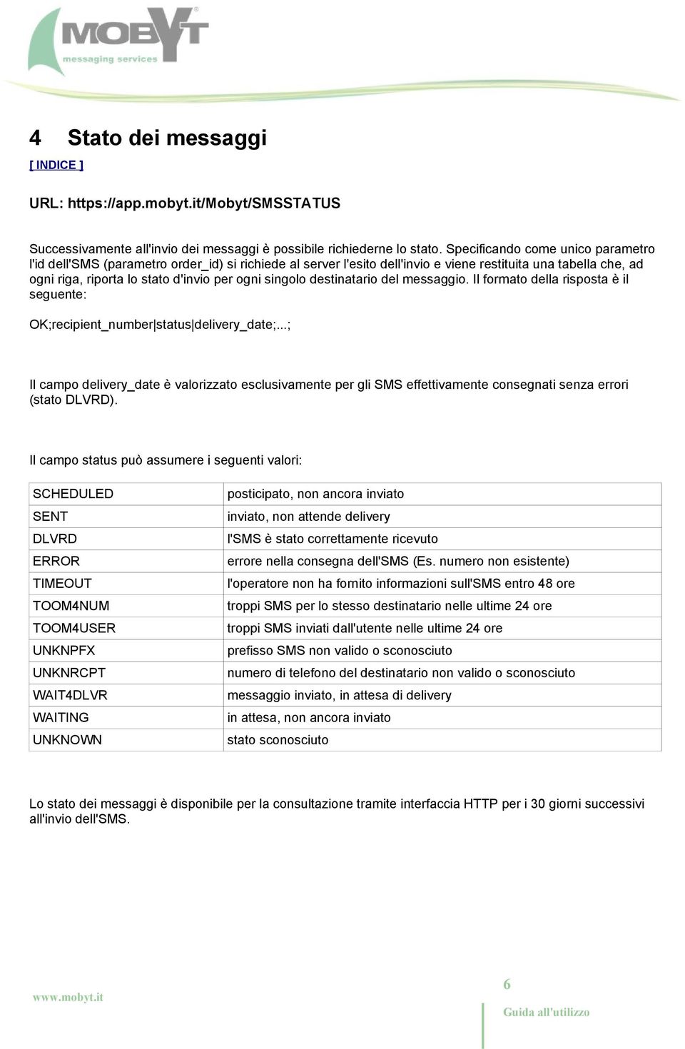 singolo destinatario del messaggio. Il formato della risposta è il seguente: OK;recipient_number status delivery_date;.