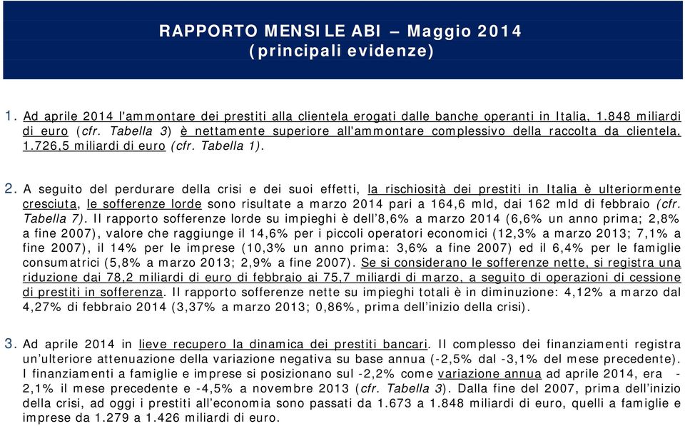 A seguito del perdurare della crisi e dei suoi effetti, la rischiosità dei prestiti in Italia è ulteriormente cresciuta, le sofferenze lorde sono risultate a marzo 2014 pari a 164,6 mld, dai 162 mld