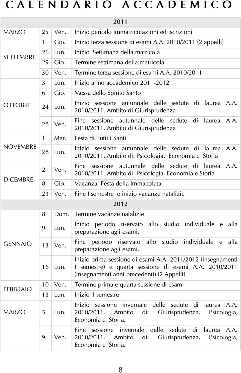 Messa dello Spirito Santo 24 Lun. Inizio sessione autunnale delle sedute di laurea A.A. 2010/2011. Ambito di Giurisprudenza Fine sessione autunnale delle sedute di laurea A.A. 28 Ven. 2010/2011. Ambito di Giurisprudenza 1 Mar.