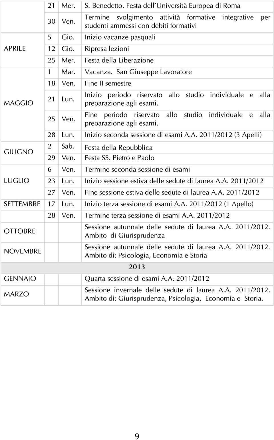 Inizio periodo riservato allo studio individuale e alla preparazione agli esami. Fine periodo riservato allo studio individuale e alla preparazione agli esami. 28 Lun.