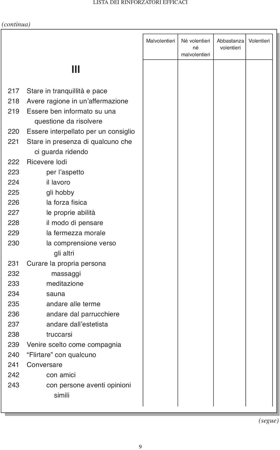 pensare 229 la fermezza morale 230 la comprensione verso gli altri 231 Curare la propria persona 232 massaggi 233 meditazione 234 sauna 235 andare alle terme 236 andare dal