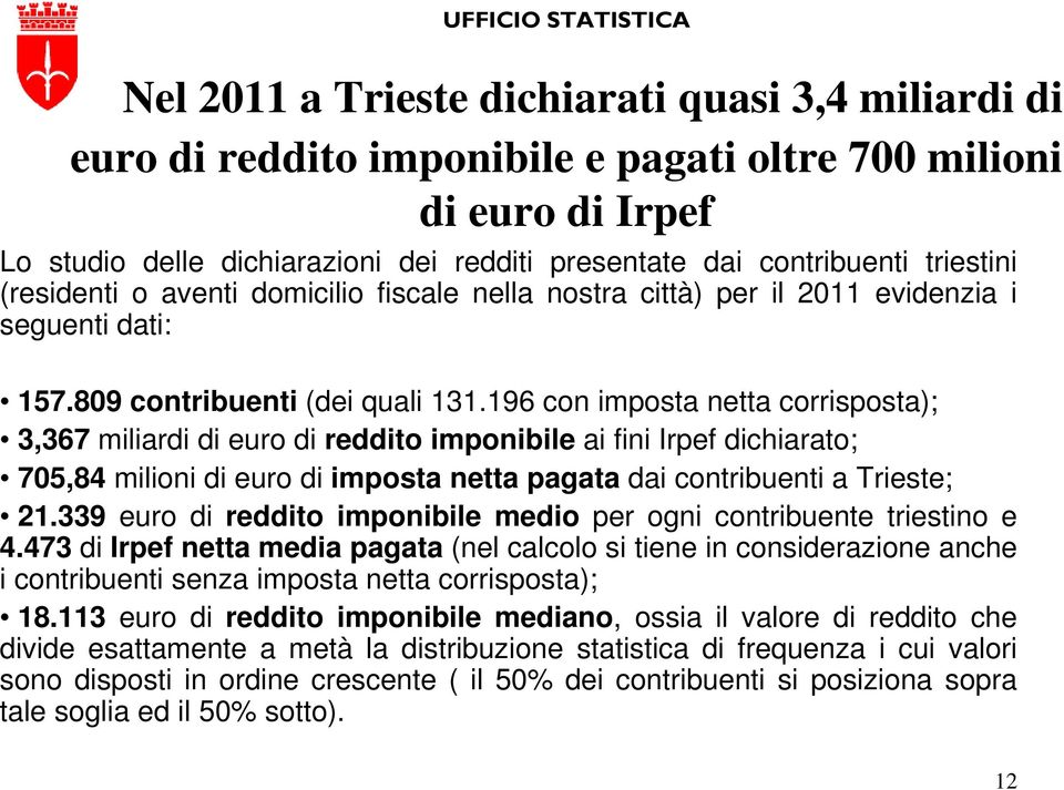 196 con imposta netta corrisposta); 3,367 miliardi di euro di reddito imponibile ai fini Irpef dichiarato; 705,84 milioni di euro di imposta netta pagata dai contribuenti a Trieste; 21.