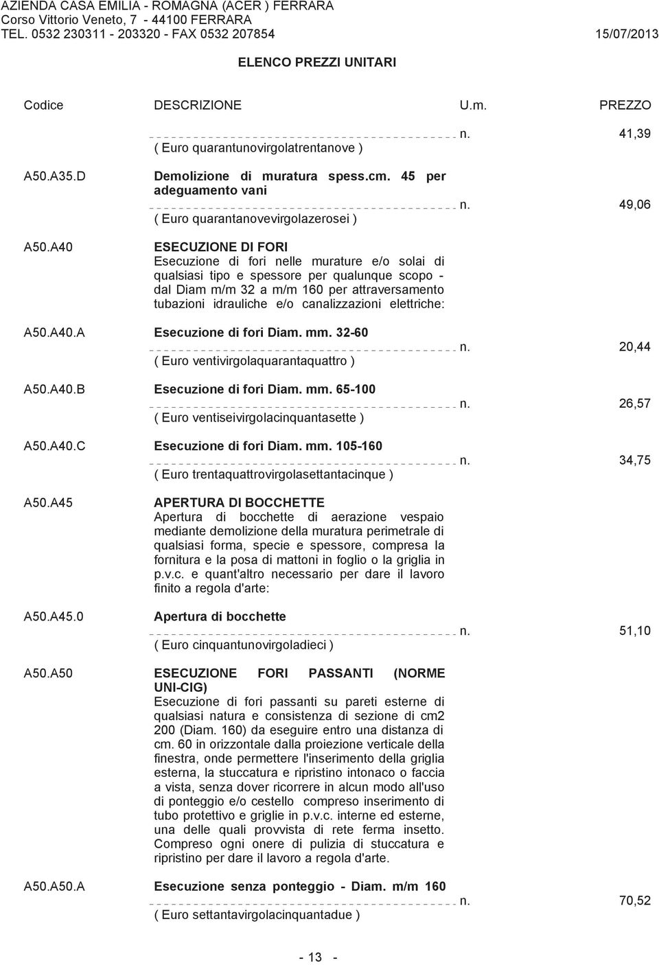 per attraversamento tubazioni idrauliche e/o canalizzazioni elettriche: n. 41,39 n. 49,06 A50.A40.A Esecuzione di fori Diam. mm. 32-60 ( Euro ventivirgolaquarantaquattro ) A50.A40.B Esecuzione di fori Diam.