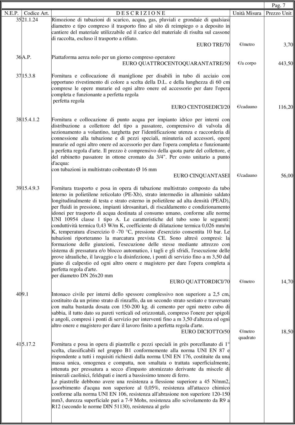 utilizzabile ed il carico del materiale di risulta sul cassone di raccolta, escluso il trasporto a rifiuto. EURO TRE/70 /metro 3,70 36 A.P.