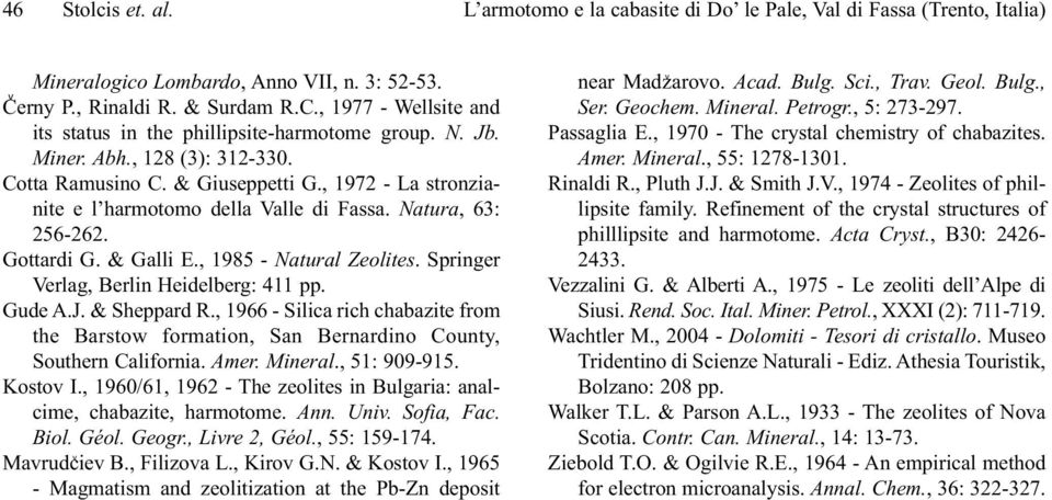 , 1972 - La stronzianite e l harmotomo della Valle di Fassa. Natura, 63: 256-262. Gottardi G. & Galli E., 1985 - Natural Zeolites. Springer Verlag, Berlin Heidelberg: 411 pp. Gude A.J. & Sheppard R.