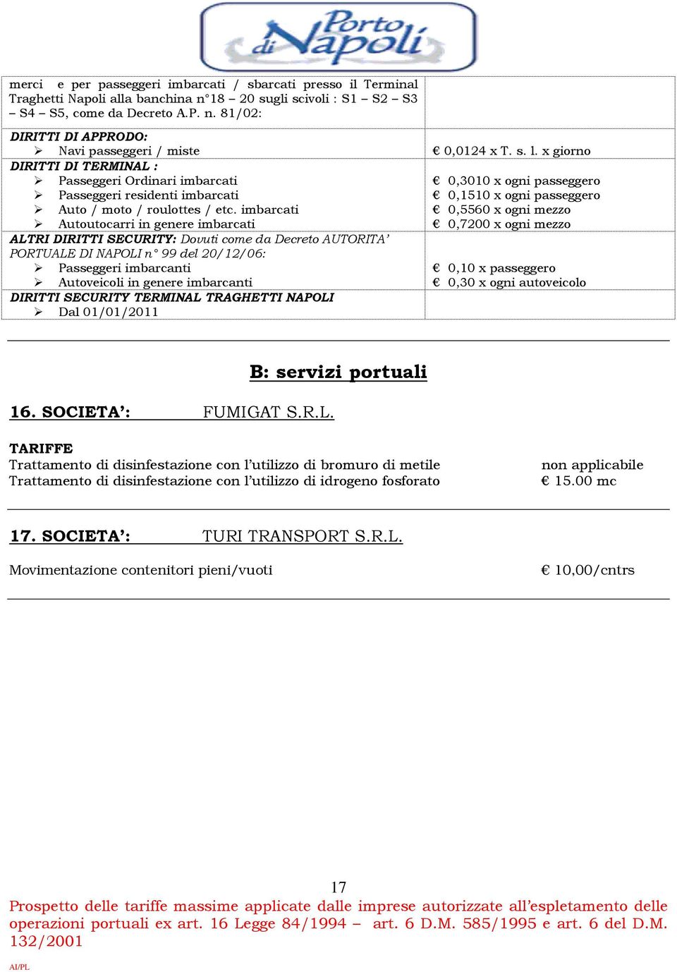 imbarcati Autoutocarri in genere imbarcati 0,3010 x ogni passeggero 0,1510 x ogni passeggero 0,5560 x ogni mezzo 0,7200 x ogni mezzo ALTRI DIRITTI SECURITY: Dovuti come da Decreto AUTORITA PORTUALE