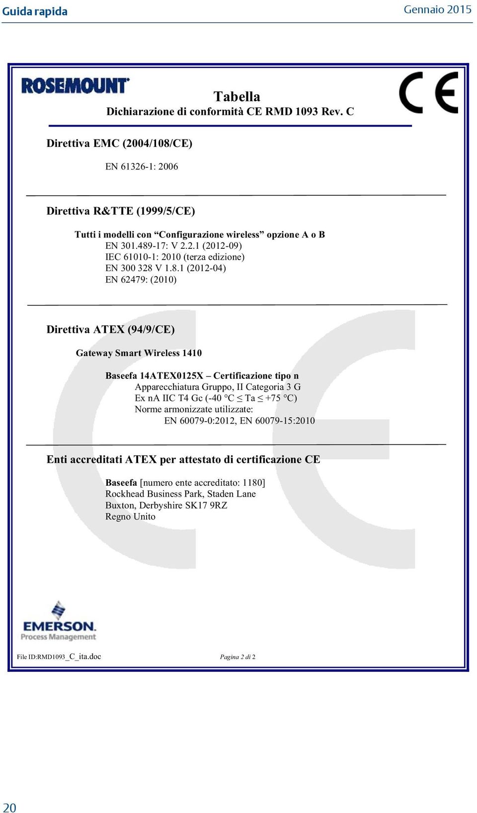 8.1 (2012-04) EN 62479: (2010) Direttiva ATEX (94/9/CE) Gateway Smart Wireless 1410 Baseefa 14ATEX0125X Certificazione tipo n Apparecchiatura Gruppo, II Categoria 3 G Ex na IIC T4 Gc