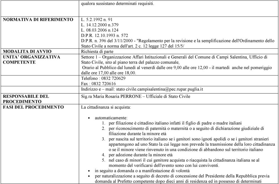 2 c. 12 legge 127 del 15/5/ MODALITA DI AVVIO UNITA ORGANIZZATIVA COMPETENTE RESPONSABILE DEL FASI DEL Richiesta di parte Settore 1 Organizzazione Affari Istituzionali e Generali del Comune di Campi