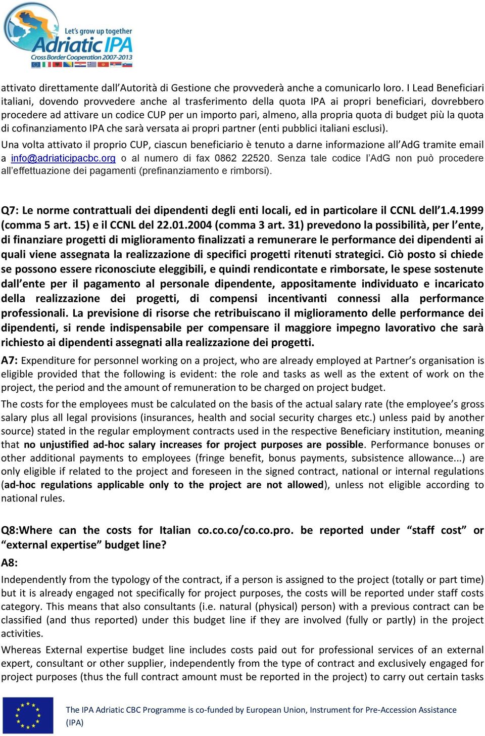 quota di budget più la quota di cofinanziamento IPA che sarà versata ai propri partner (enti pubblici italiani esclusi).