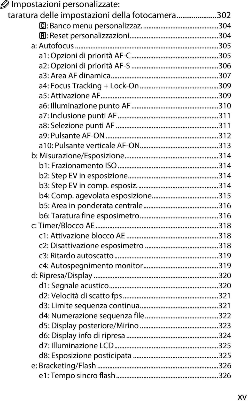 ..311 a8: Selezione punti AF...311 a9: Pulsante AF-ON...312 a10: Pulsante verticale AF-ON...313 b: Misurazione/Esposizione...314 b1: Frazionamento ISO...314 b2: Step EV in esposizione.