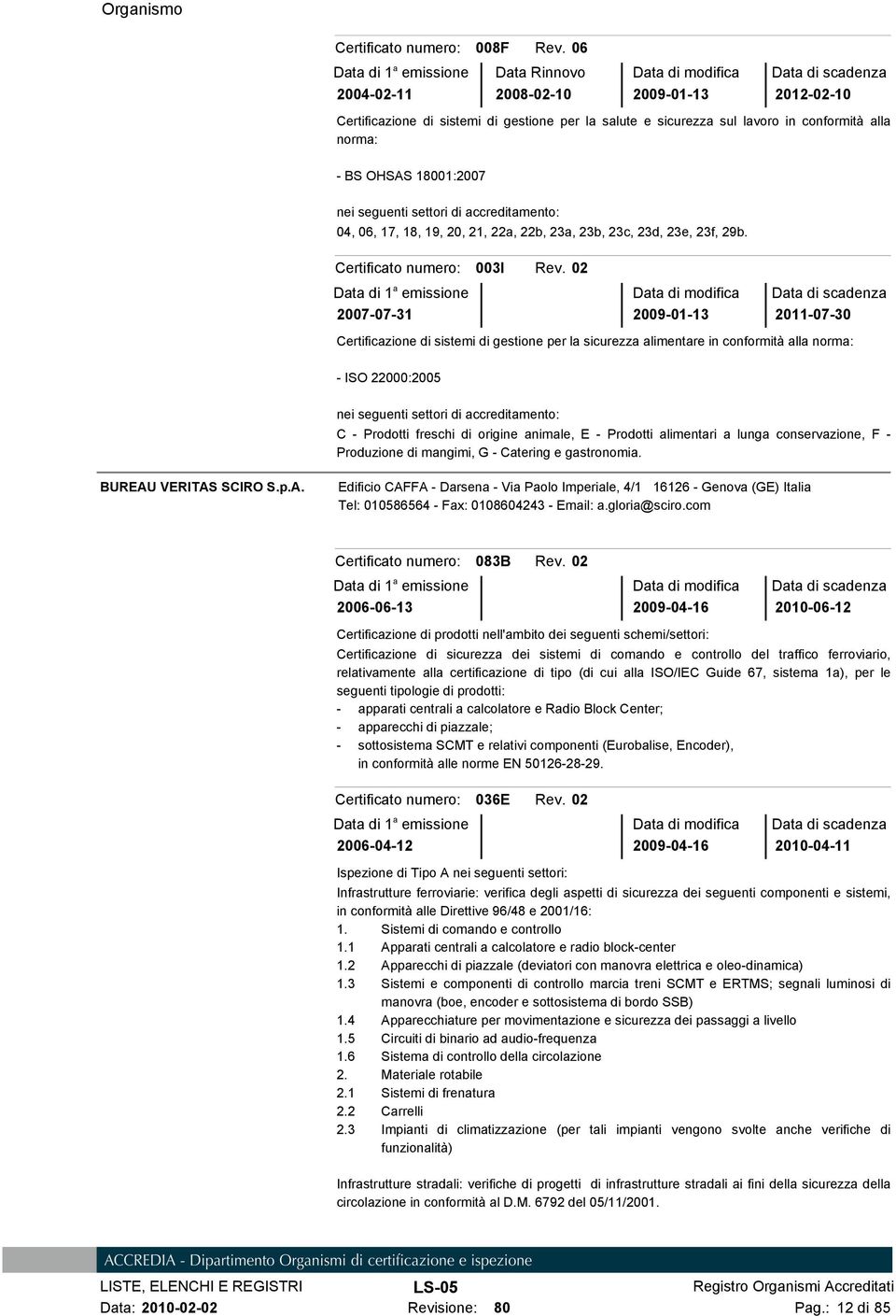 02 2007-07-31 2009-01-13 2011-07-30 Certificazione di sistemi di gestione per la sicurezza alimentare in conformità alla norma: - ISO 22000:2005 C - Prodotti freschi di origine animale, E - Prodotti