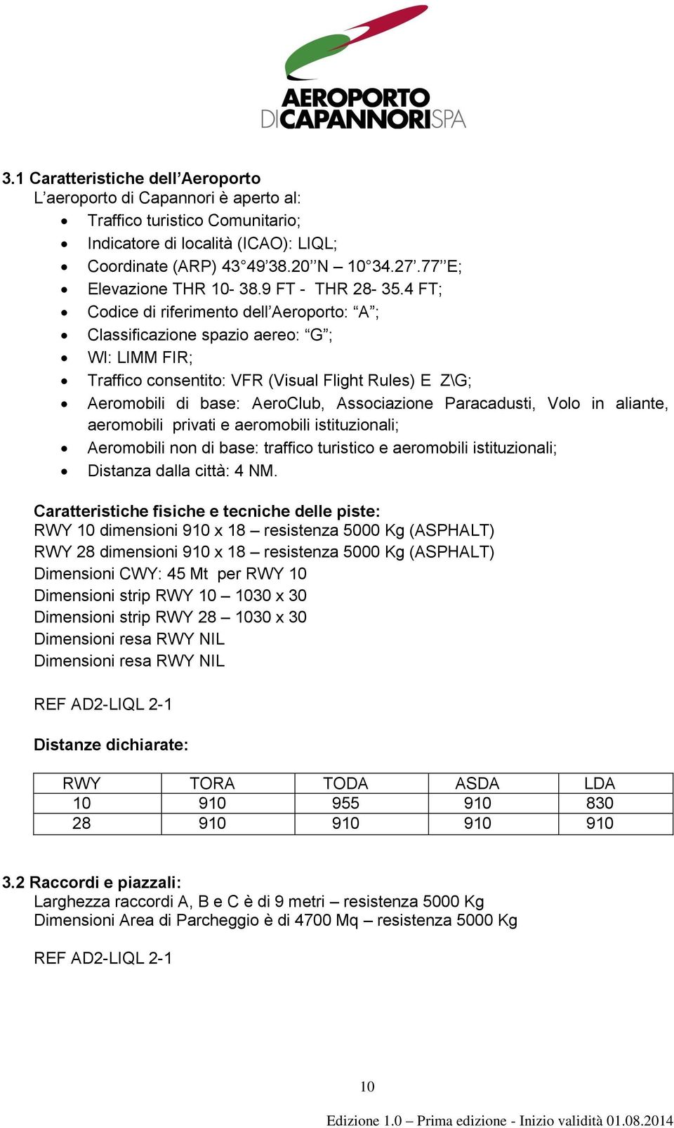 4 FT; Codice di riferimento dell Aeroporto: A ; Classificazione spazio aereo: G ; WI: LIMM FIR; Traffico consentito: VFR (Visual Flight Rules) E Z\G; Aeromobili di base: AeroClub, Associazione