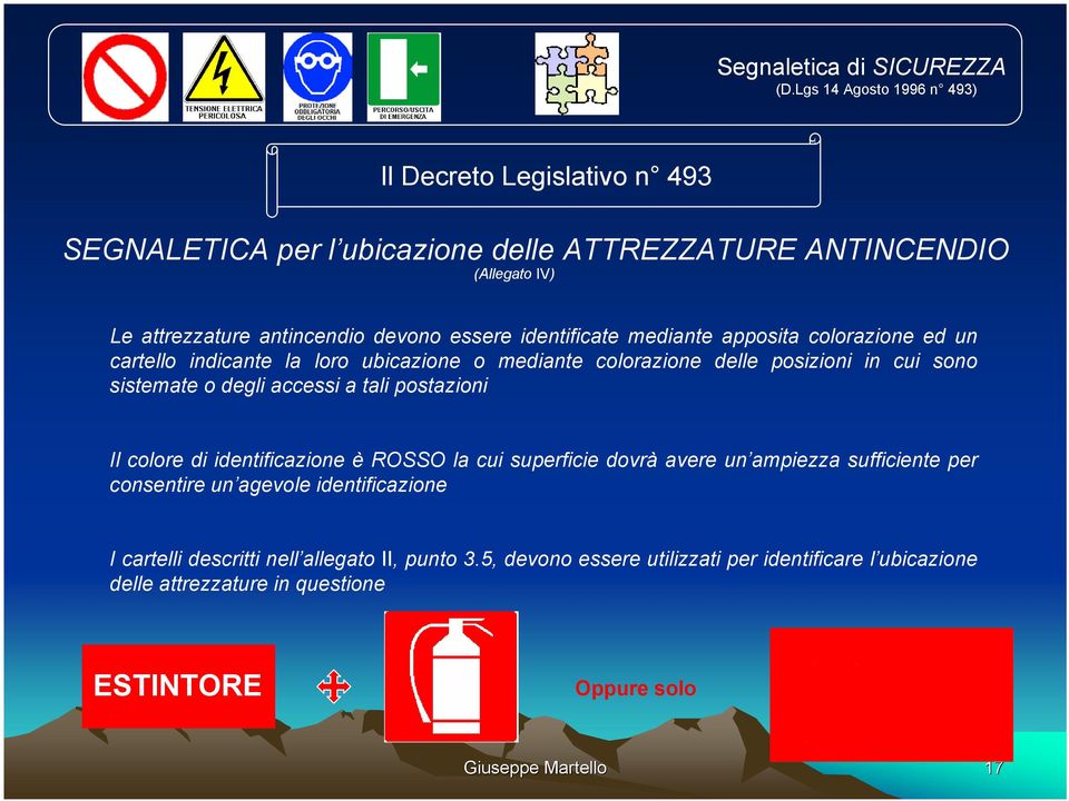 essere identificate mediante apposita colorazione ed un cartello indicante la loro ubicazione o mediante colorazione delle posizioni in cui sono sistemate o degli