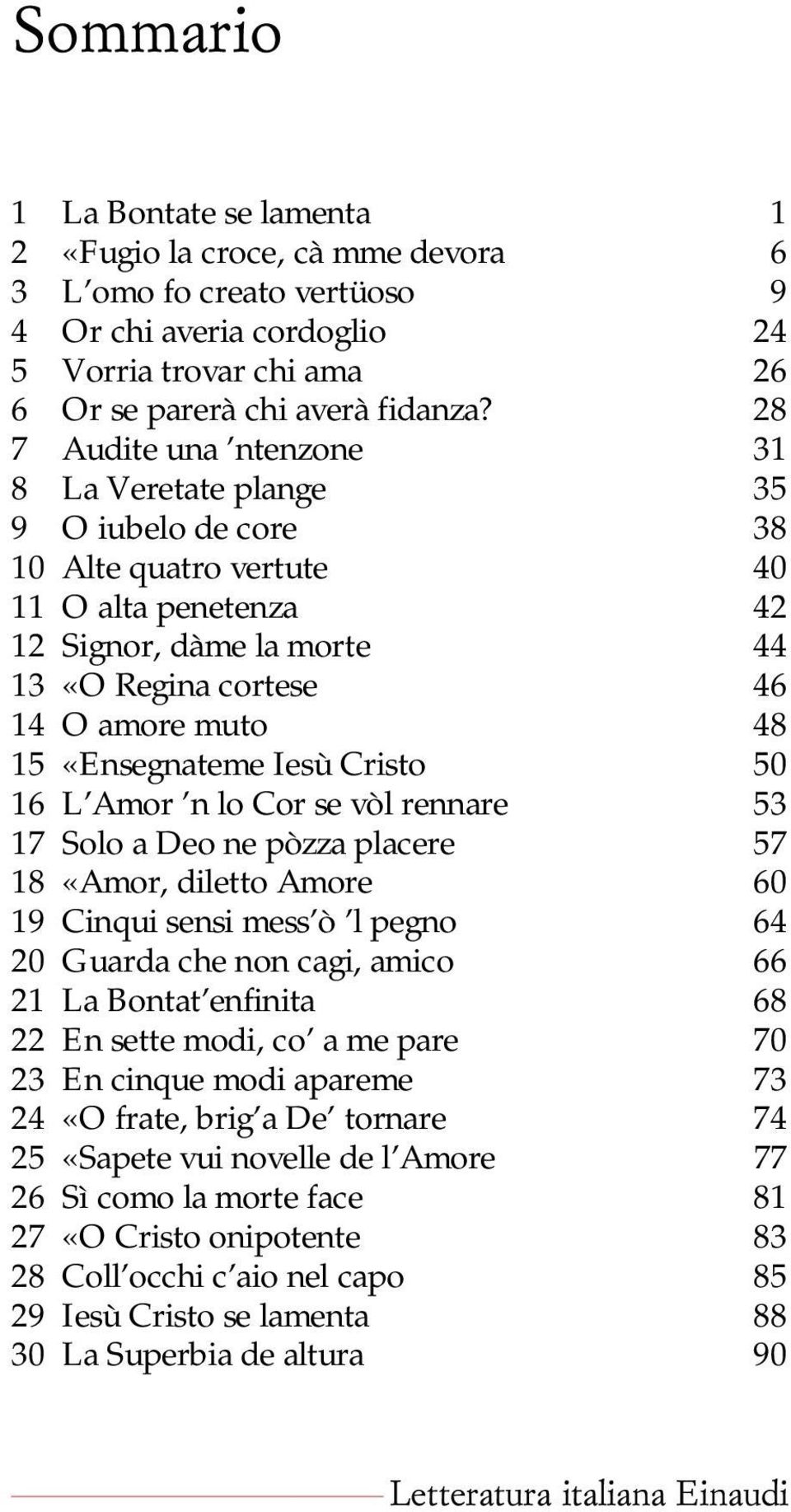 «Ensegnateme Iesù Cristo 50 16 L Amor n lo Cor se vòl rennare 53 17 Solo a Deo ne pòzza placere 57 18 «Amor, diletto Amore 60 19 Cinqui sensi mess ò l pegno 64 20 Guarda che non cagi, amico 66 21 La