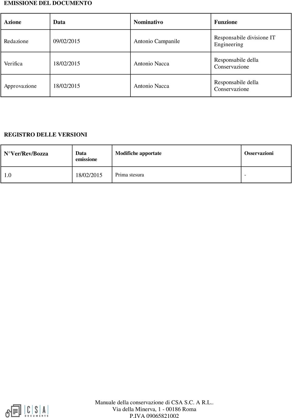 Engineering Responsabile della Conservazione Responsabile della Conservazione REGISTRO DELLE