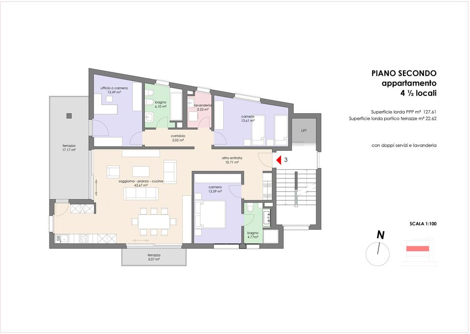 61 Superficie lorda portico terrazze m² 22.62 LIFT 17.17 m² corridoio 5.