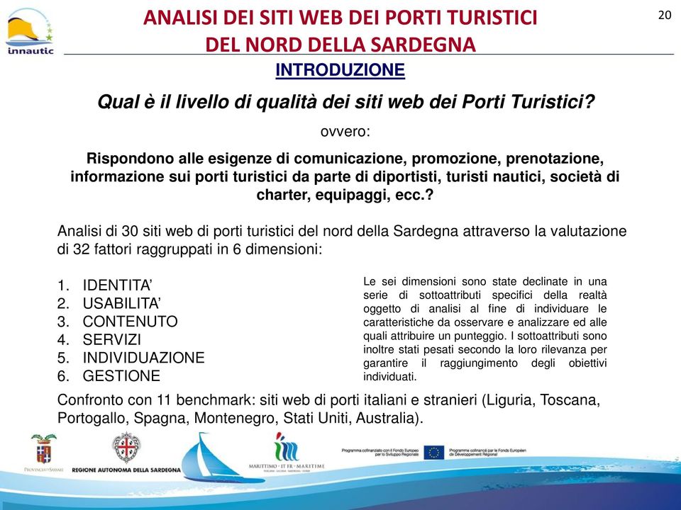 ? 20 Analisi di 30 siti web di porti turistici del nord della Sardegna attraverso la valutazione di 32 fattori raggruppati in 6 dimensioni: 1. IDENTITA 2. USABILITA 3. CONTENUTO 4. SERVIZI 5.