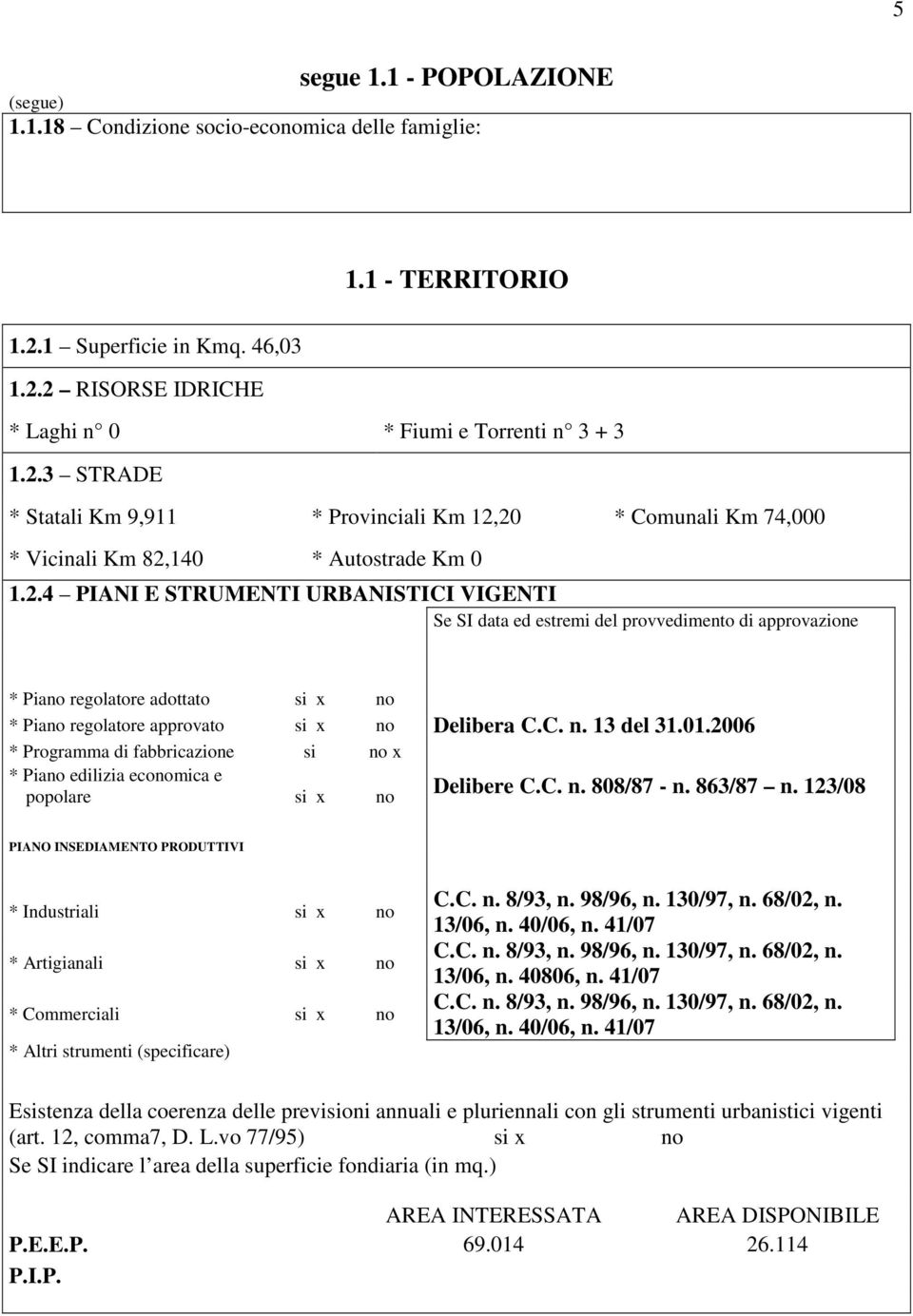 2.4 PIANI E STRUMENTI URBANISTICI VIGENTI Se SI data ed estremi del provvedimento di approvazione * Piano regolatore adottato si x no * Piano regolatore approvato si x no Delibera C.C. n. 13 del 31.