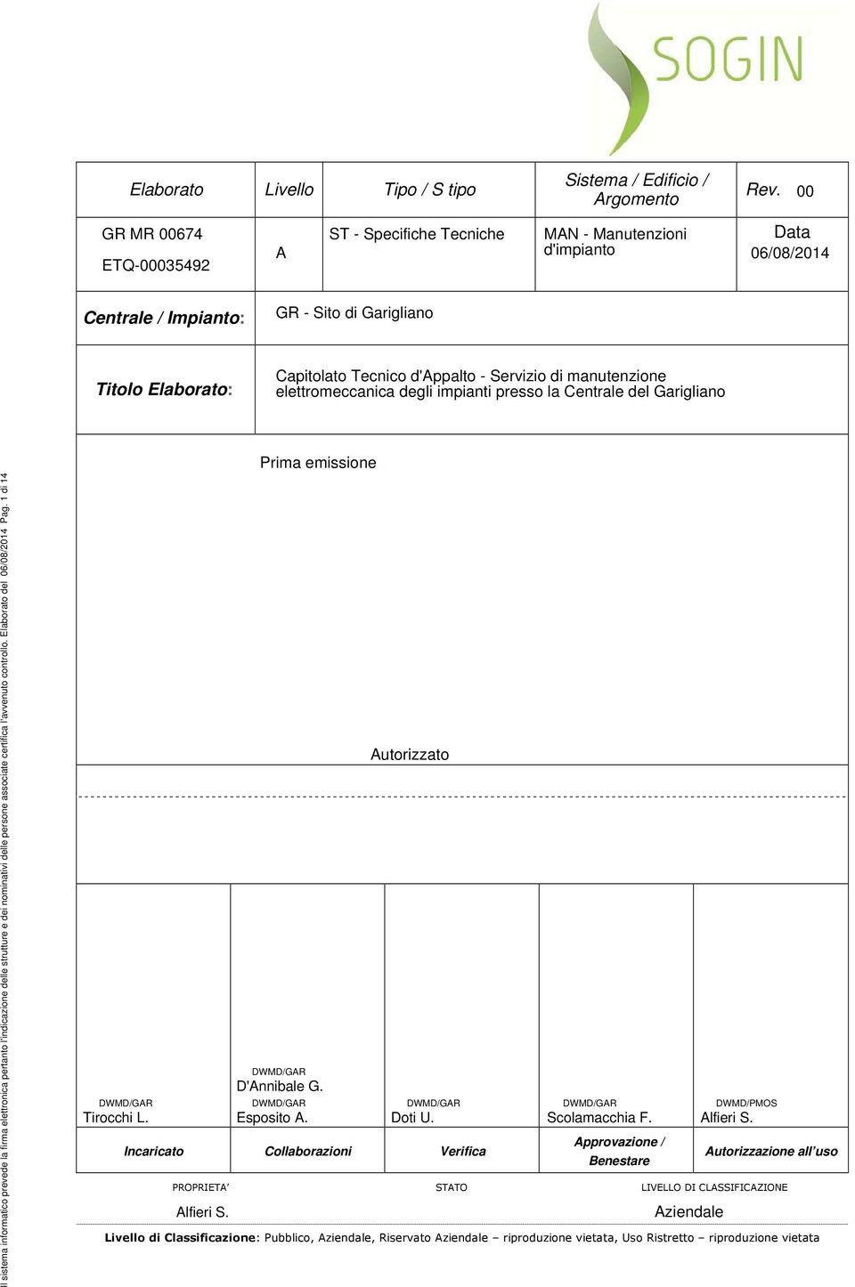 strutture e dei nominativi delle persone associate certifica l'avvenuto controllo. Elaborato del 06/08/2014 Pag. 1 di 14 DWMD/GAR Tirocchi L. DWMD/GAR D'Annibale G. DWMD/GAR Esposito A.