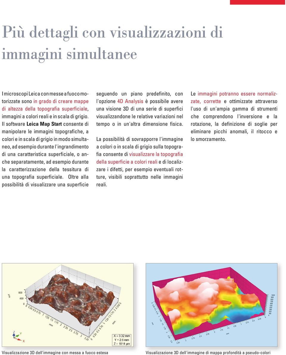 Il software Leica Map Start consente di manipolare le immagini topografiche, a colori e in scala di grigio in modo simultaneo, ad esempio durante l'ingrandimento di una caratteristica superficiale, o