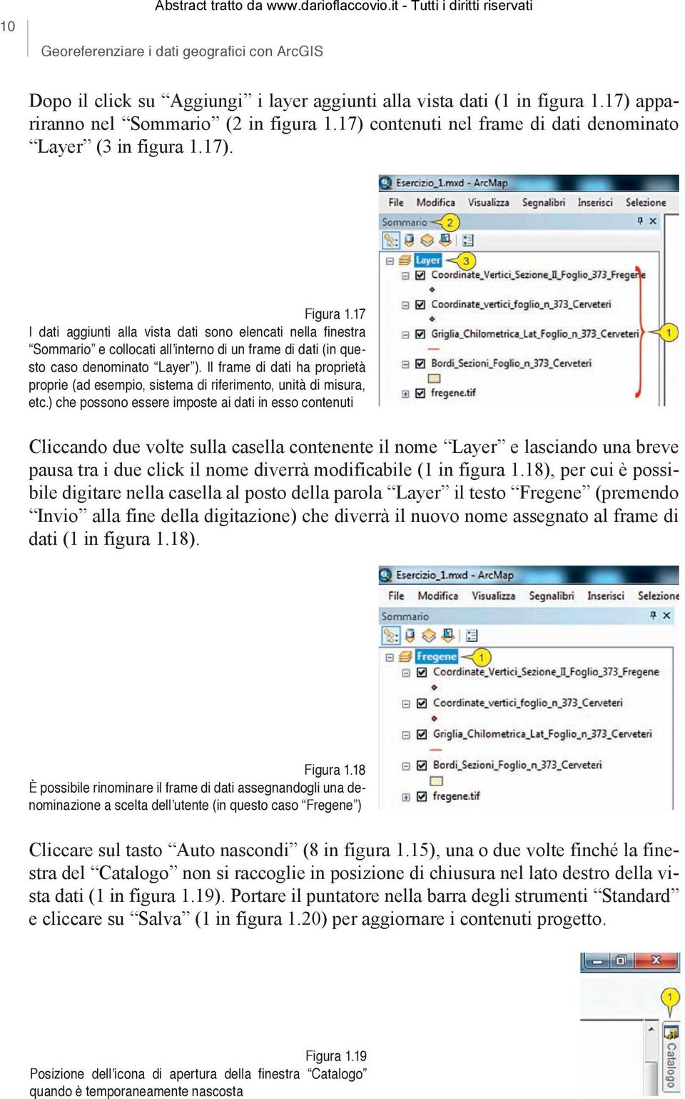 17 I dati aggiunti alla vista dati sono elencati nella finestra Sommario e collocati all interno di un frame di dati (in questo caso denominato Layer ).