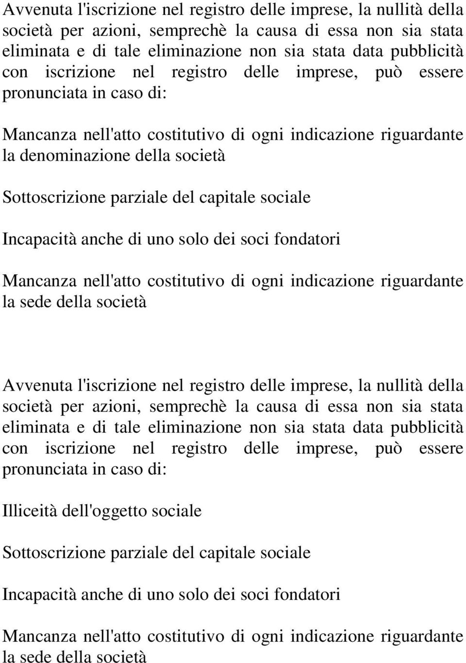 capitale sociale Incapacità anche di uno solo dei soci fondatori Mancanza nell'atto costitutivo di ogni indicazione riguardante la sede della società  iscrizione nel registro delle imprese, può