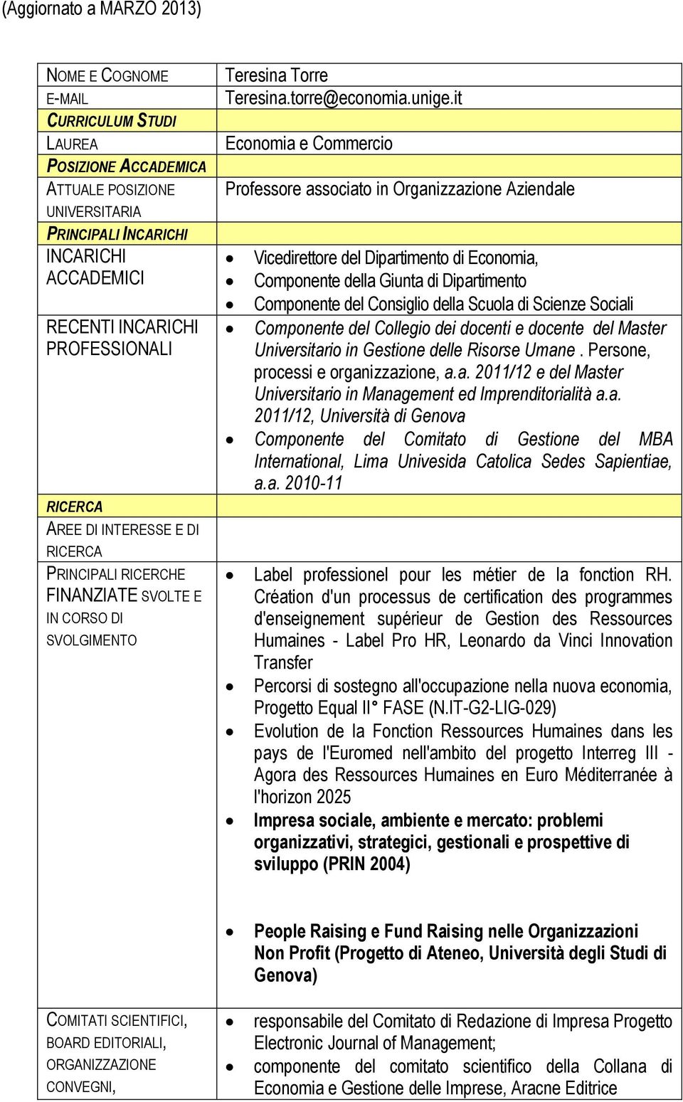 it Economia e Commercio Professore associato in Organizzazione Aziendale Vicedirettore del Dipartimento di Economia, Componente della Giunta di Dipartimento Componente del Consiglio della Scuola di