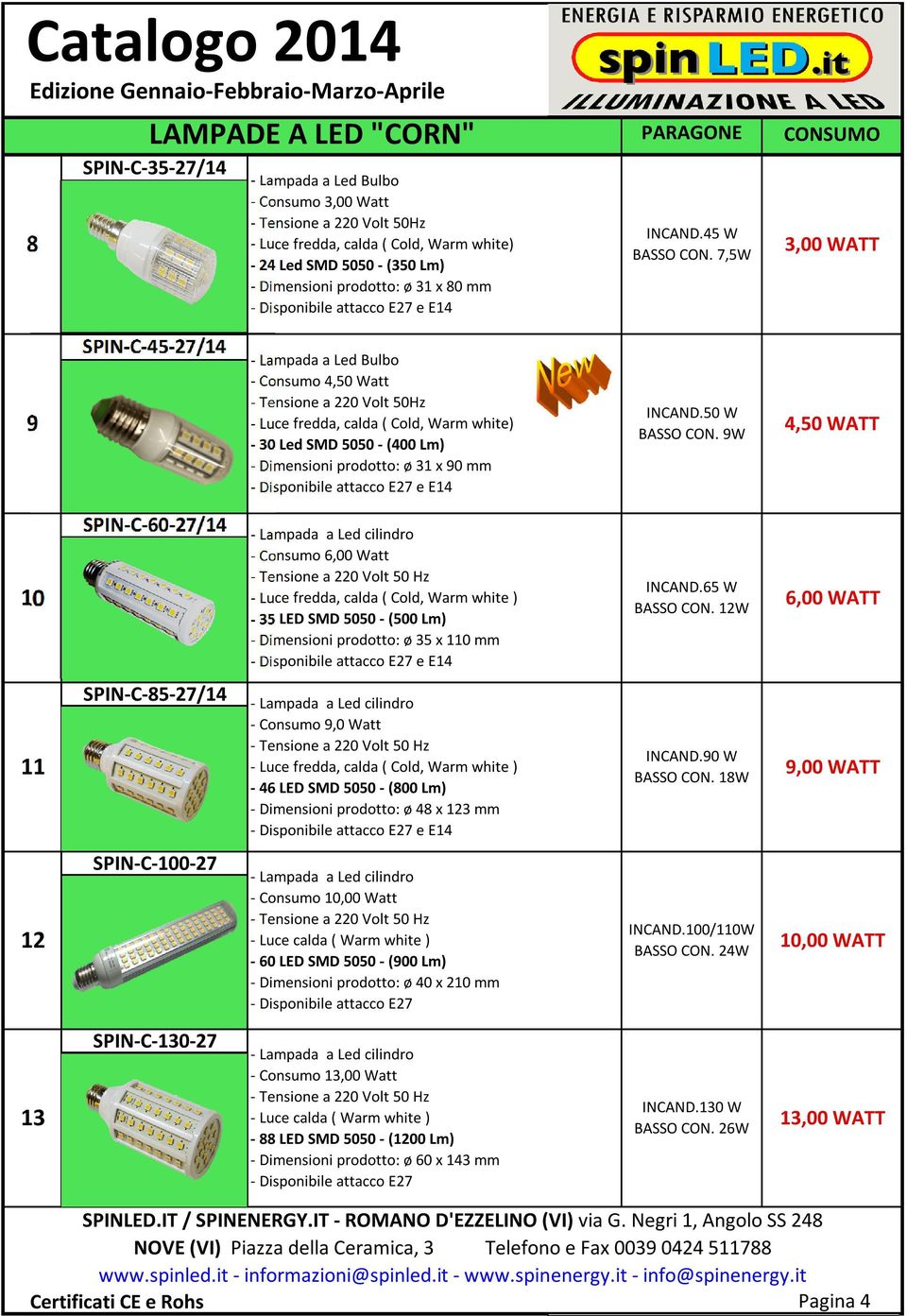 7,5W 3,00 WATT 9 SPIN-C-45-27/14 - Lampada a Led Bulbo - Consumo 4,50 Watt - Luce fredda, calda ( Cold, Warm white) - 30 Led SMD 5050 - (400 Lm) - Dimensioni prodotto: ø 31 x 90 mm - Disponibile