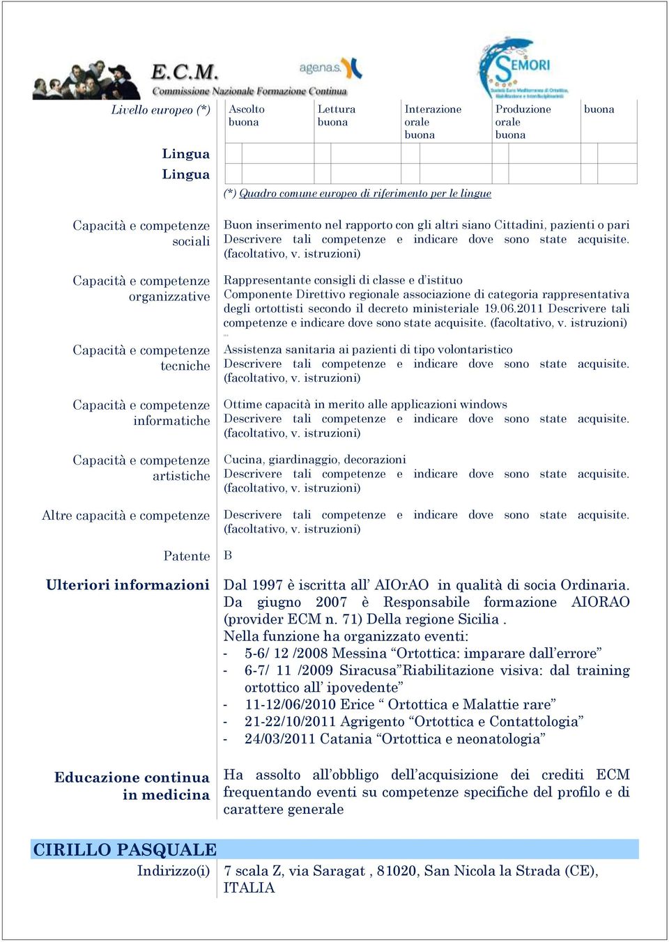 istruzioni) Rappresentante consigli di classe e d istituo Componente Direttivo regionale associazione di categoria rappresentativa degli ortottisti secondo il decreto ministeriale 19.06.