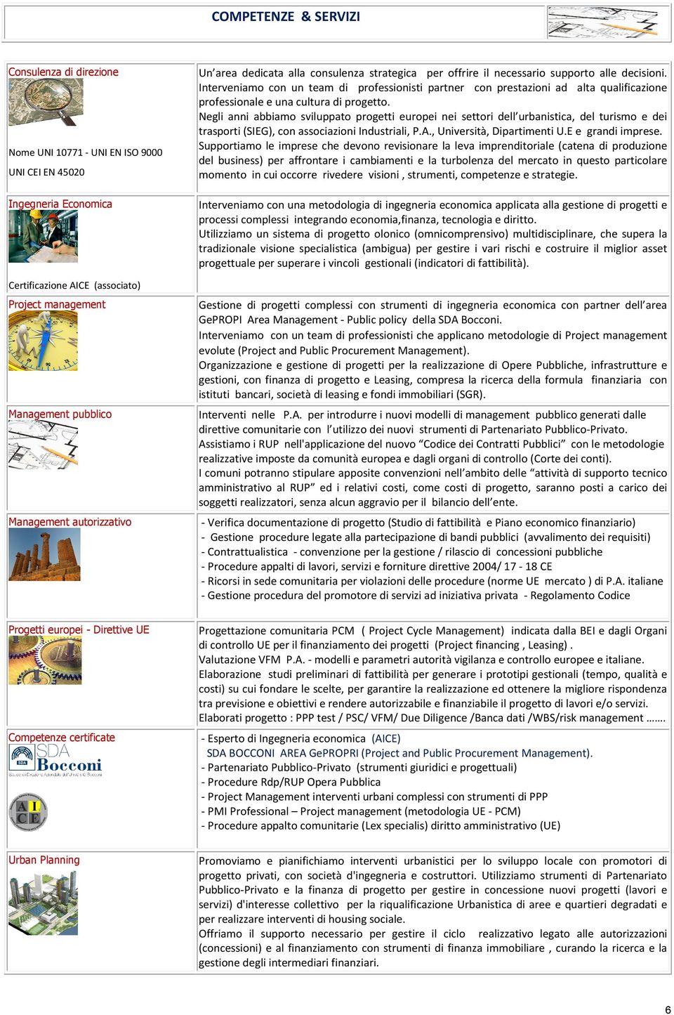 Negli anni abbiamo sviluppato progetti europei nei settori dell urbanistica, del turismo e dei trasporti (SIEG), con associazioni Industriali, P.A., Università, Dipartimenti U.E e grandi imprese.