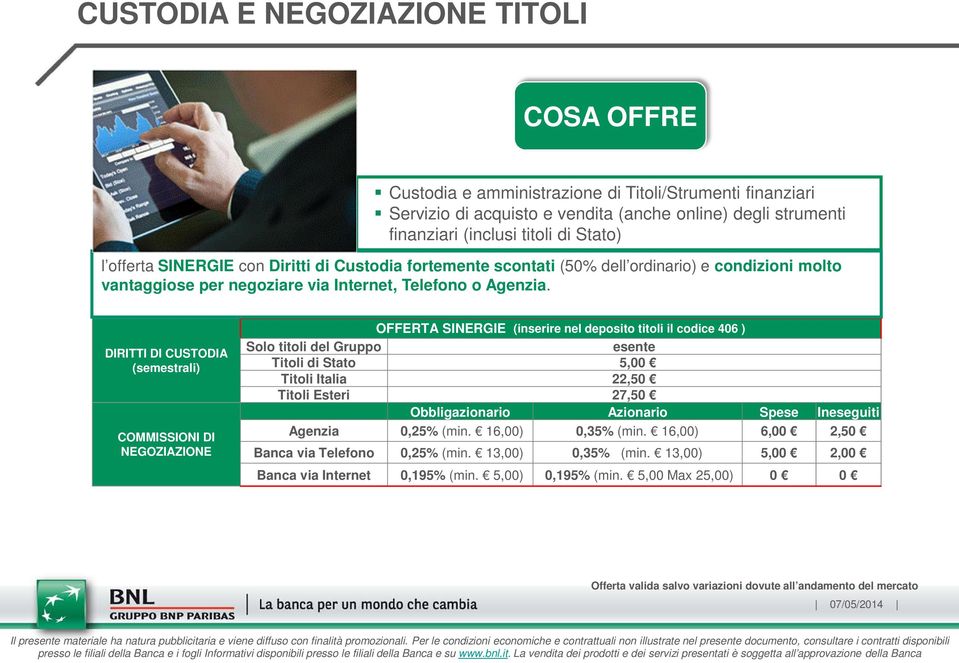 DIRITTI DI CUSTODIA (semestrali) COMMISSIONI DI NEGOZIAZIONE OFFERTA SINERGIE (inserire nel deposito titoli il codice 406 ) Solo titoli del Gruppo esente Titoli di Stato 5,00 Titoli Italia 22,50