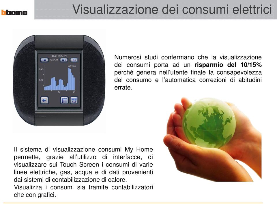 Il sistema di visualizzazione consumi My Home permette, grazie all utilizzo di interfacce, di visualizzare sui Touch Screen i consumi di