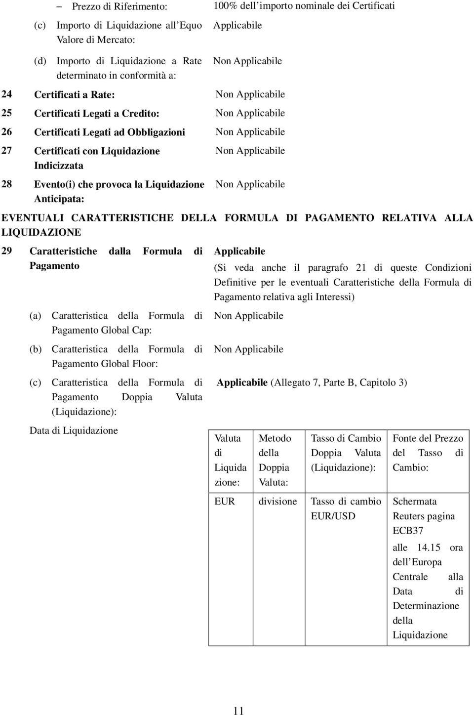 EVENTUALI CARATTERISTICHE DELLA FORMULA DI PAGAMENTO RELATIVA ALLA LIQUIDAZIONE 29 Caratteristiche dalla Formula di Pagamento (a) Caratteristica della Formula di Pagamento Global Cap: (b)