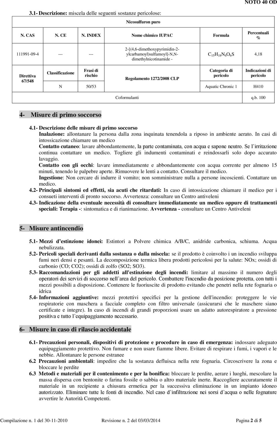 Classificazione Frasi di rischio Regolamento 1272/2008 CLP Categoria di pericolo Indicazioni di pericolo N 50/53 Aquatic Chronic 1 H410 Coformulanti q.b. 100 4- Misure di primo soccorso 4.