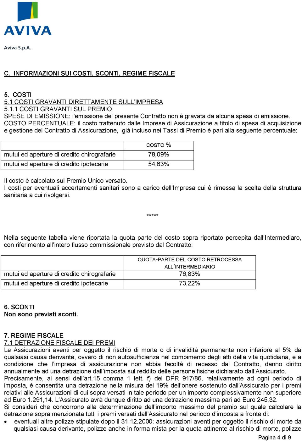 percentuale: COSTO % mutui ed aperture di credito chirografarie 78,09% mutui ed aperture di credito ipotecarie 54,63% Il costo è calcolato sul Premio Unico versato.