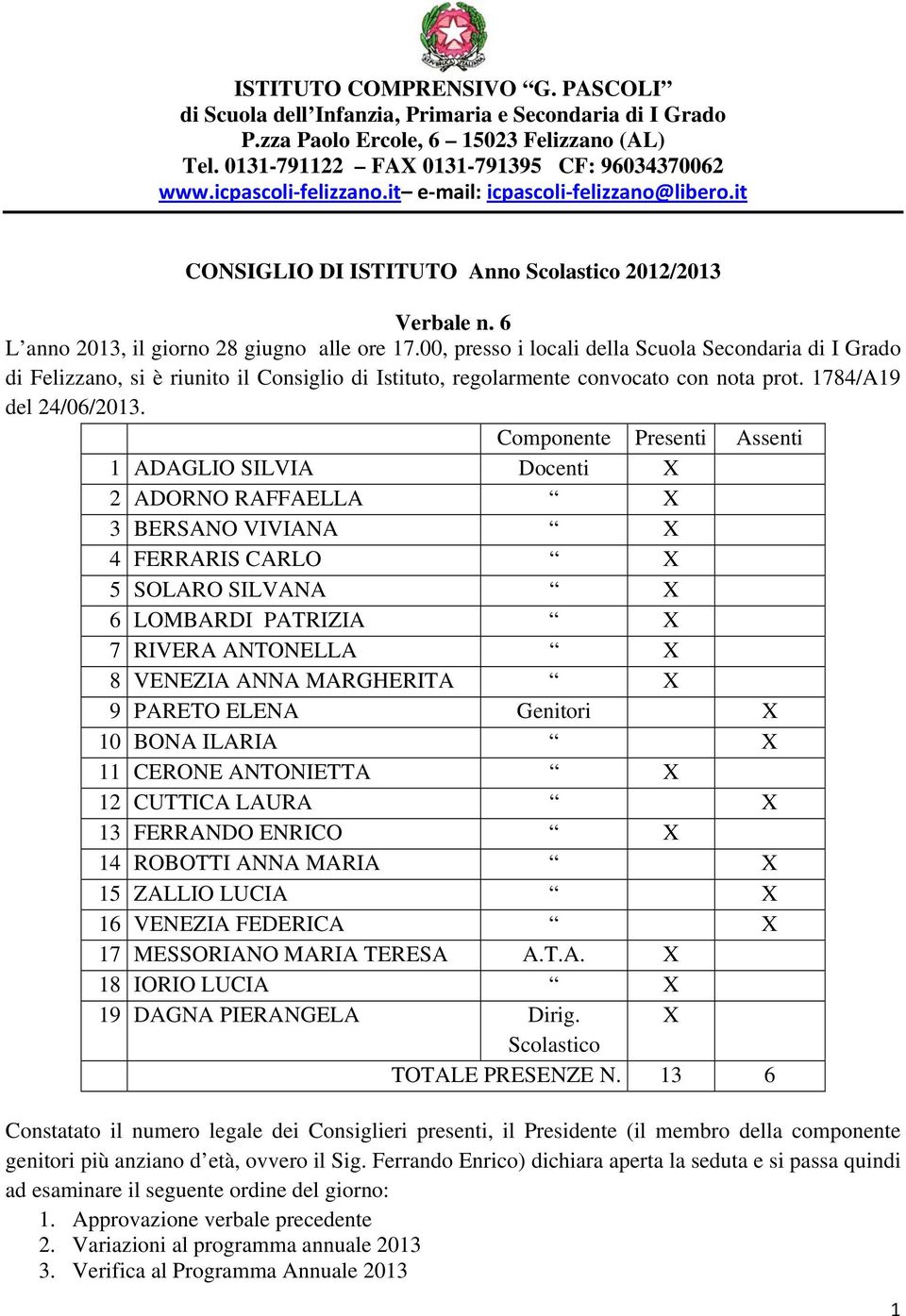 00, presso i locali della Scuola Secondaria di I Grado di Felizzano, si è riunito il Consiglio di Istituto, regolarmente convocato con nota prot. 1784/A19 del 24/06/2013.