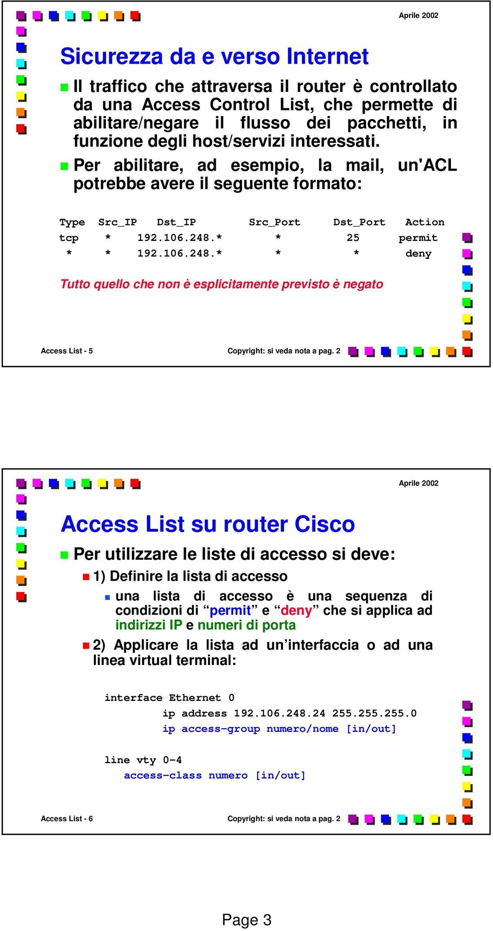 * * 25 permit * * 192.106.248.* * * deny Tutto quello che non è esplicitamente previsto è negato Access List - 5 Copyright: si veda nota a pag.