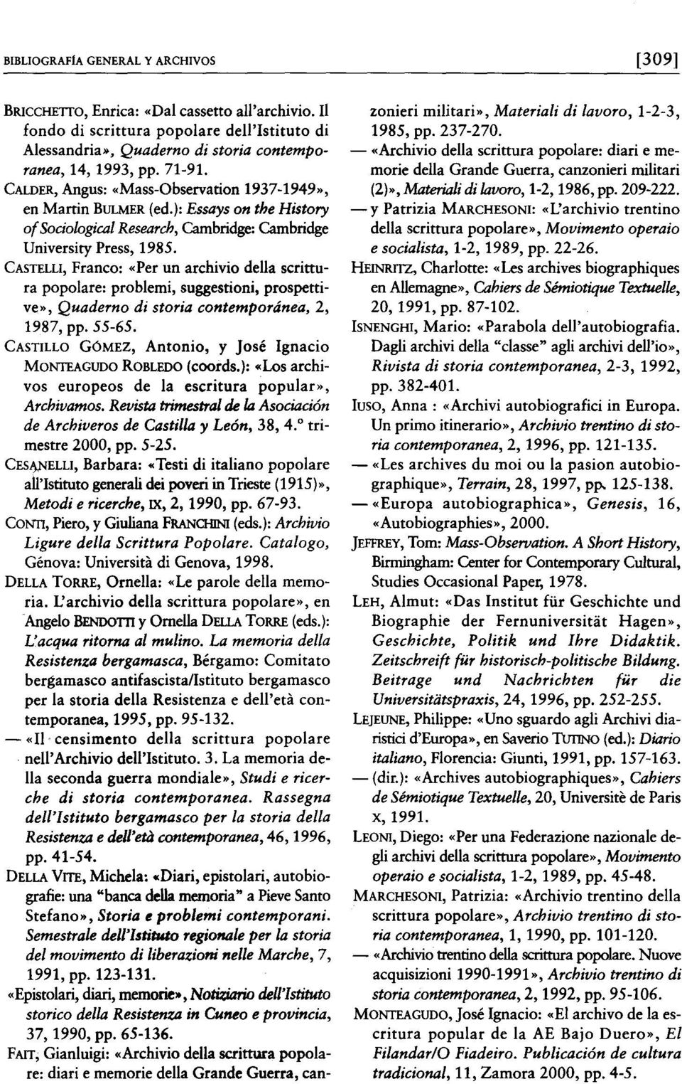 CASTELLI, Franco: «Per un archivio della scrittura popolare: problemi, suggestioni, prospettive», Quaderno di storia contemporánea, 2, 1987, pp. 55-65.