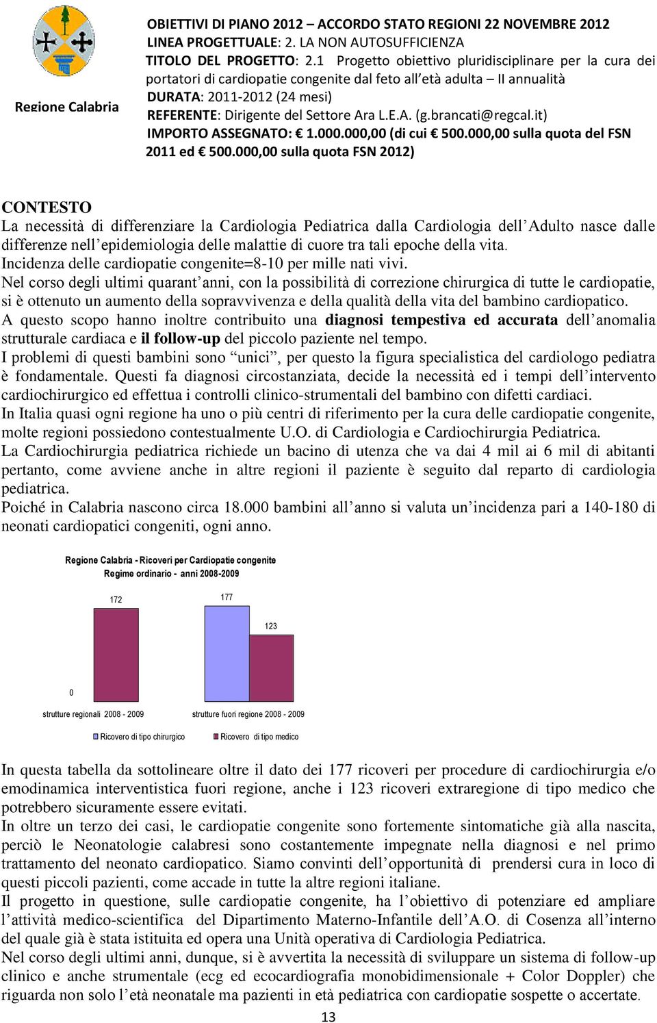 brancati@regcal.it) IMPORTO ASSEGNATO: 1.000.000,00 (di cui 500.000,00 sulla quota del FSN 2011 ed 500.