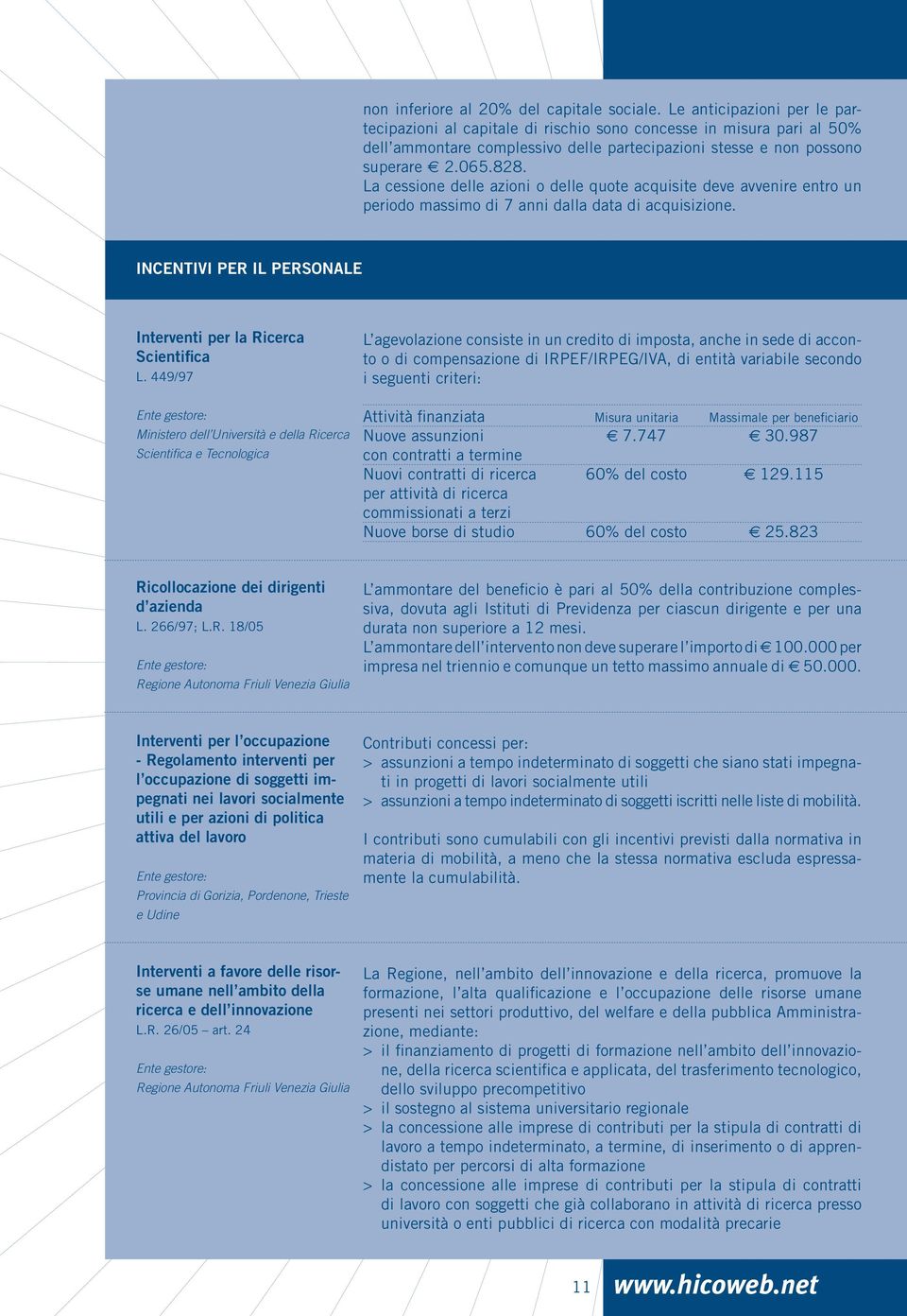 La cessione delle azioni o delle quote acquisite deve avvenire entro un periodo massimo di 7 anni dalla data di acquisizione. INCENTIVI PER IL PERSONALE Interventi per la Ricerca Scientifica L.