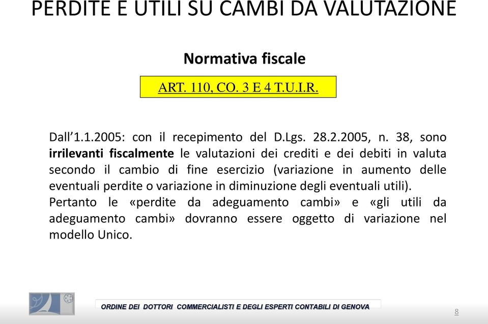 38, sono irrilevanti fiscalmente le valutazioni dei crediti e dei debiti in valuta secondo il cambio di fine esercizio